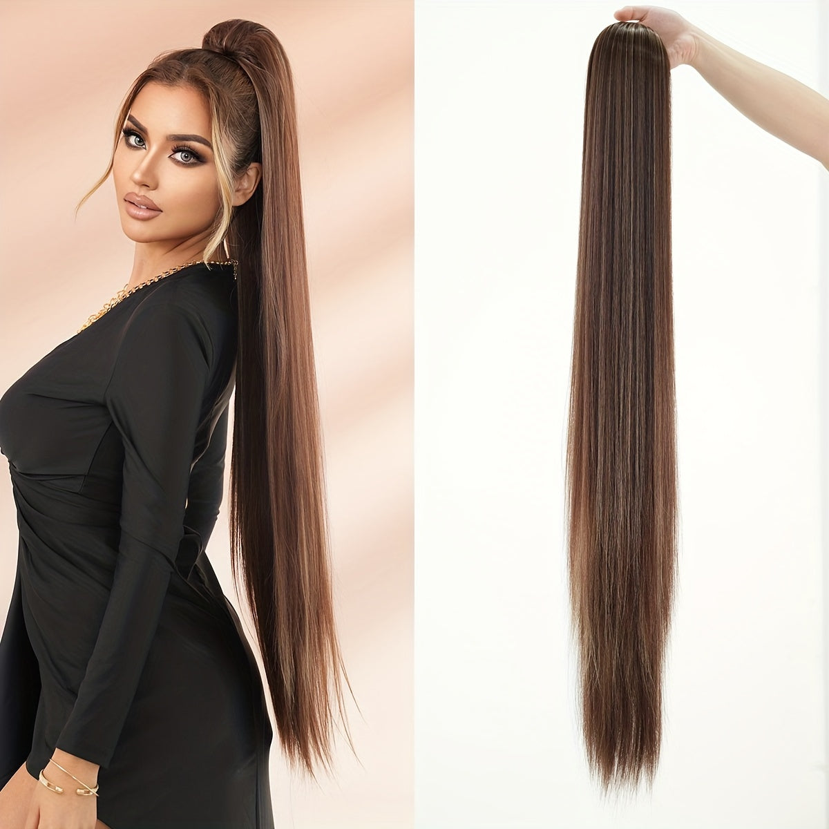 38-Inch Ombre White to Light Brown Ponytail Extension - Heat Resistant Synthetic Hair for Women, Perfect for Daily Wear & Parties