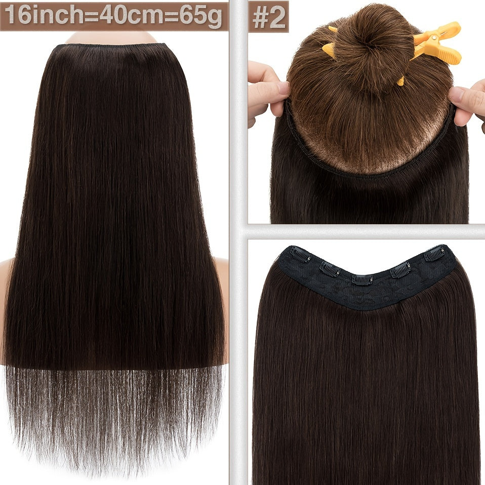1pc V-Shaped Clip-In Weft Hairpiece - 100% Real Remy Human Hair Extensions, 30.48cm/50.8cm Straight Black Brown Blonde, 3/4 Full Head Volume, Natural Look for Caucasian Women, Hair Extension Accessory, Secure Clip Attachment