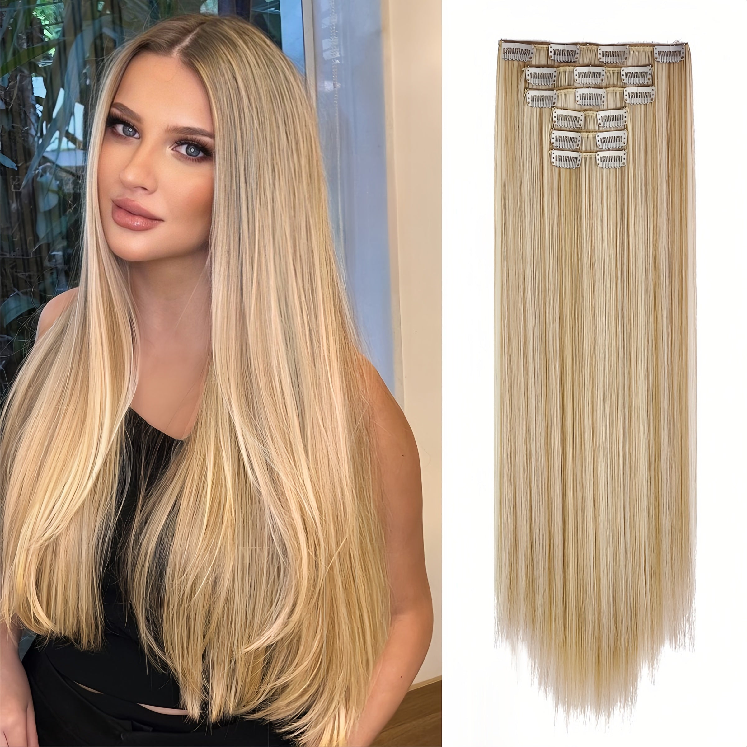 24 Inch Natural Heat-Resistant Synthetic Fiber Women's Clip-in Hair Extension Set, Super Soft Double Weft, Alluring Style