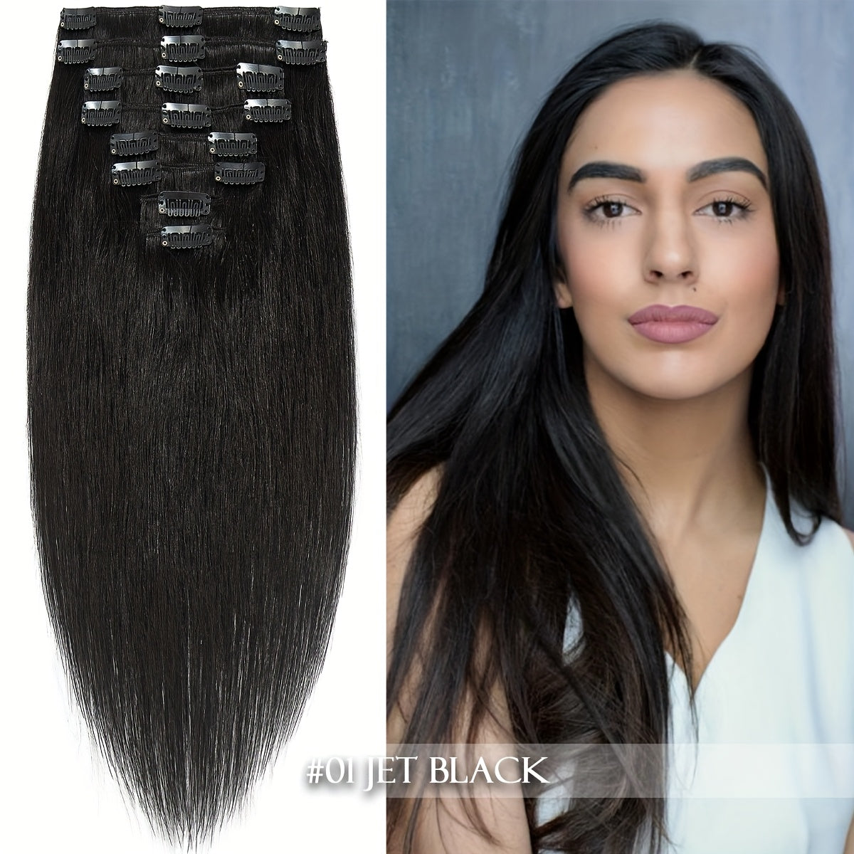 Clip In Hair Extensions Real Human Hair, 100% Remy Human Hair Extensions For Women, 1B Natural Black And Jet Black 8pcs 18clips Per Set 40.64-60.96 cm Straight Soft Silky Hair Extensiom, Use For Daily Life, Outgoing, Party, Birthday To Add Volumn