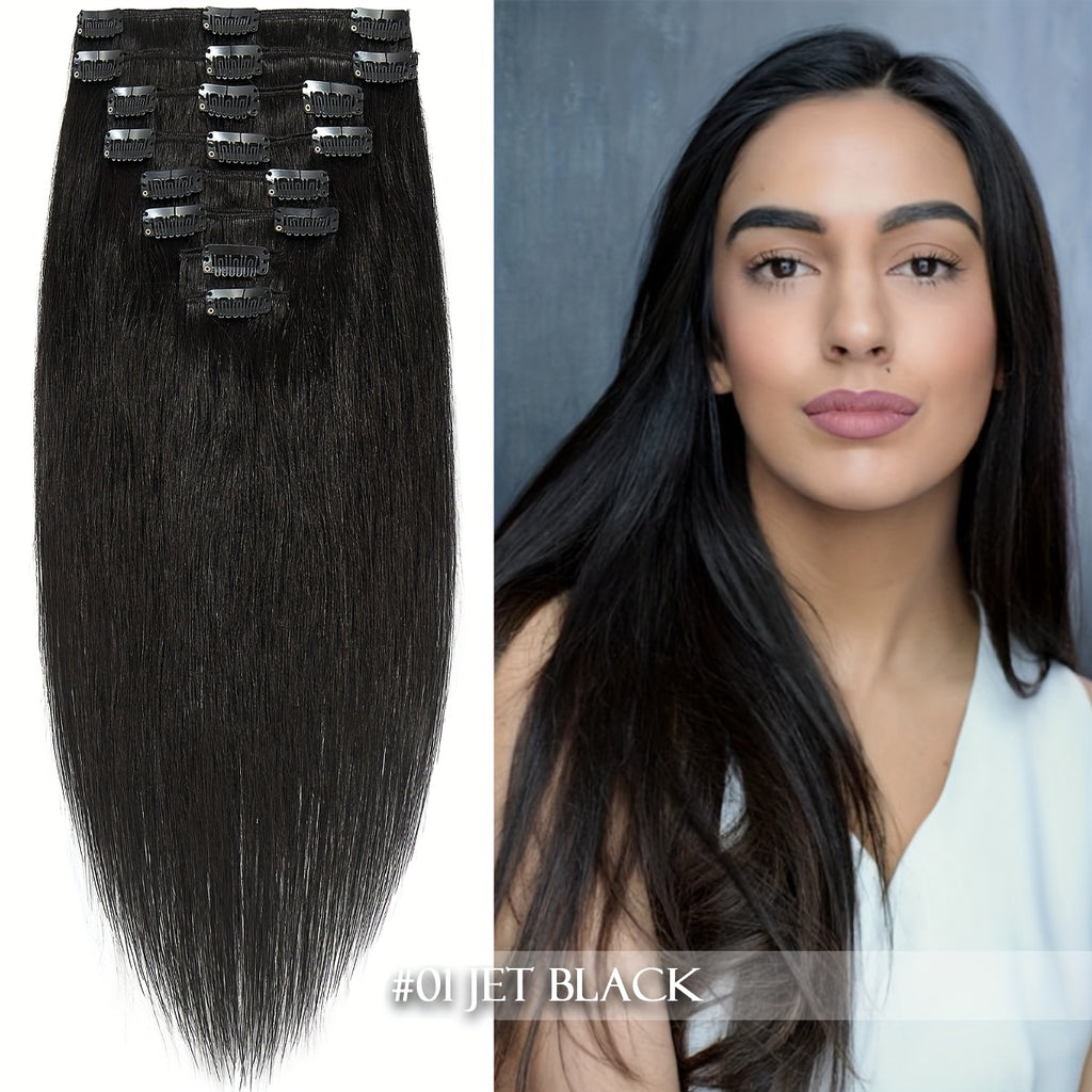 Clip In Hair Extensions Real Human Hair, 100% Remy Human Hair Extensions For Women, 1B Natural Black And Jet Black 8pcs 18clips Per Set 40.64-60.96 cm Straight Soft Silky Hair Extensiom, Use For Daily Life, Outgoing, Party, Birthday To Add Volumn