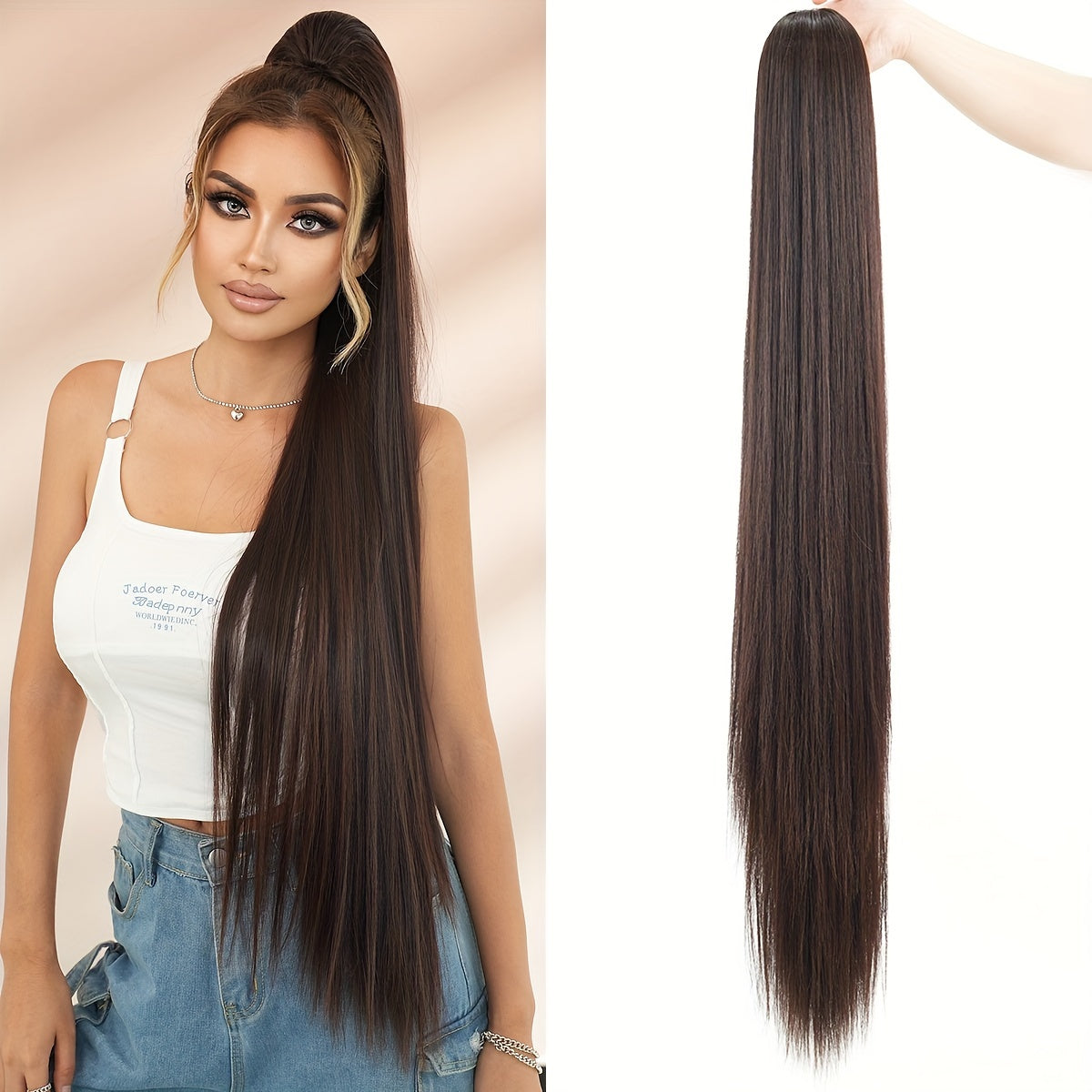 38-Inch Ombre White to Light Brown Ponytail Extension - Heat Resistant Synthetic Hair for Women, Perfect for Daily Wear & Parties
