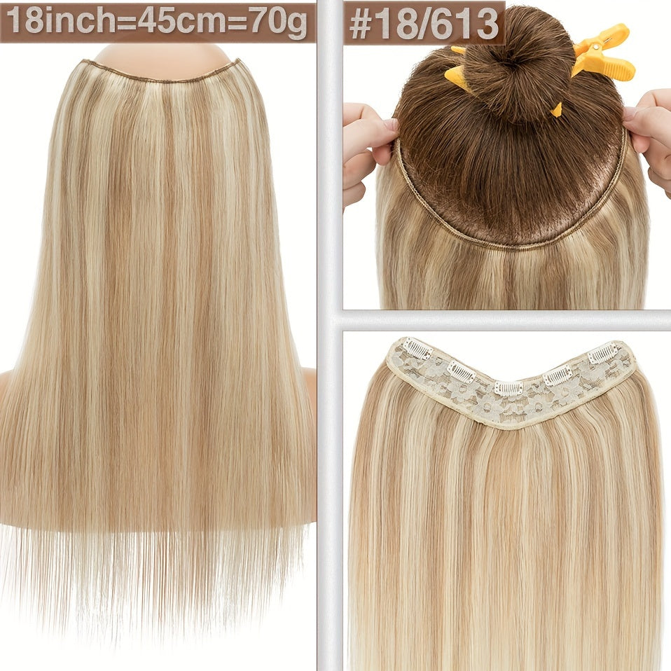 1pc V-Shaped Clip-In Weft Hairpiece - 100% Real Remy Human Hair Extensions, 30.48cm/50.8cm Straight Black Brown Blonde, 3/4 Full Head Volume, Natural Look for Caucasian Women, Hair Extension Accessory, Secure Clip Attachment