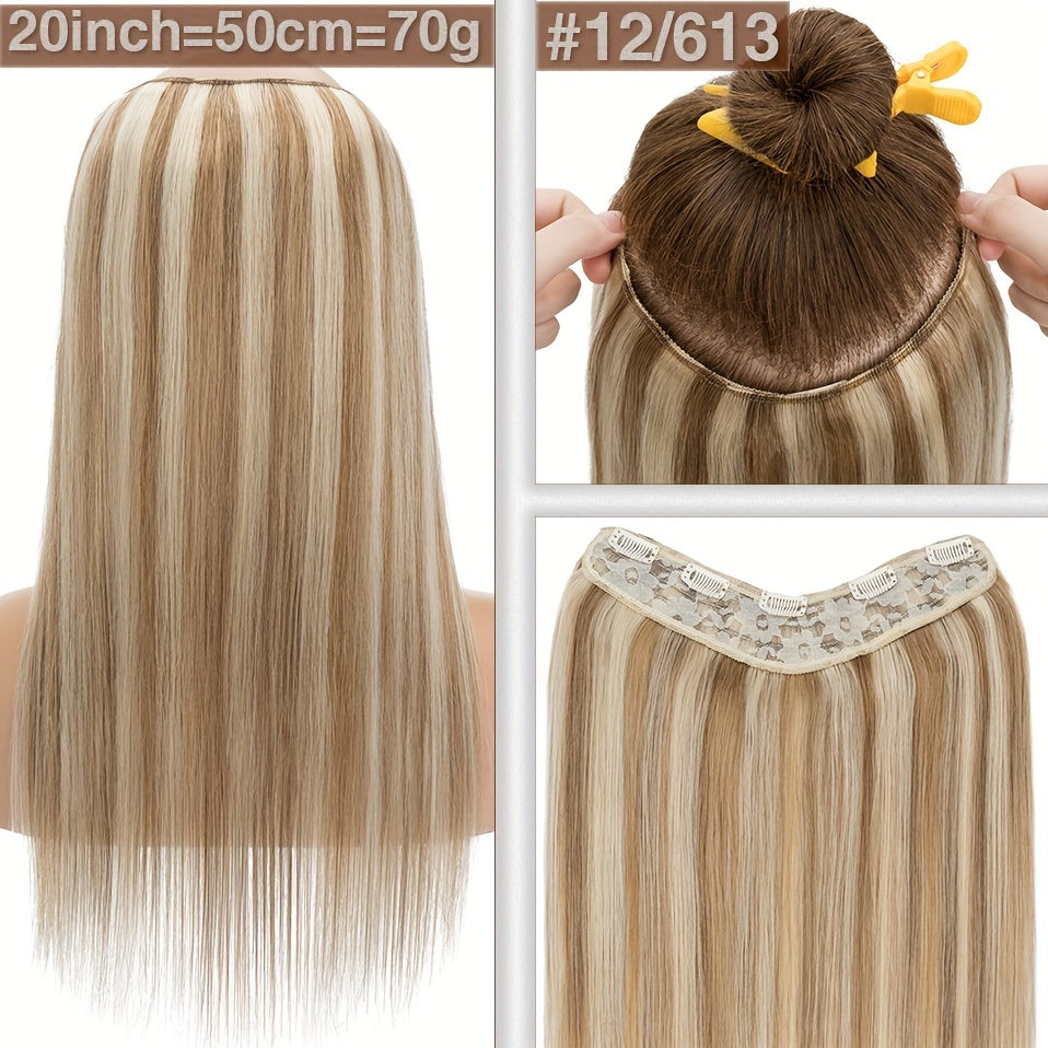 1pc V-Shaped Clip-In Weft Hairpiece - 100% Real Remy Human Hair Extensions, 30.48cm/50.8cm Straight Black Brown Blonde, 3/4 Full Head Volume, Natural Look for Caucasian Women, Hair Extension Accessory, Secure Clip Attachment