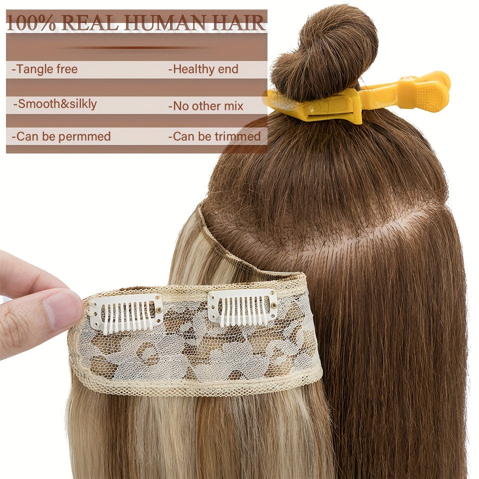 1pc V-Shaped Clip-In Weft Hairpiece - 100% Real Remy Human Hair Extensions, 30.48cm/50.8cm Straight Black Brown Blonde, 3/4 Full Head Volume, Natural Look for Caucasian Women, Hair Extension Accessory, Secure Clip Attachment