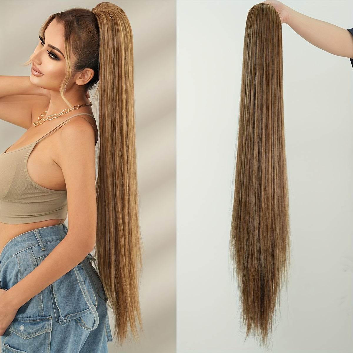 38-Inch Ombre White to Light Brown Ponytail Extension - Heat Resistant Synthetic Hair for Women, Perfect for Daily Wear & Parties