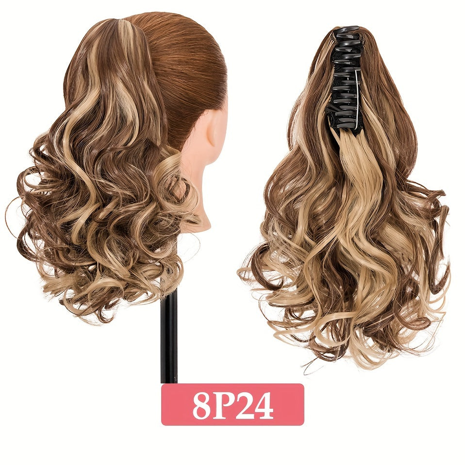 BENEHAIR 14" Ponytail Extensions Claw Short Thick Wavy Curly Claw Clip In Pony Tails Hairpiece Soft Natural Looking Synthetic Hairpiece For Women Medium Blonde With White Blonde Highlights For Halloween Gift