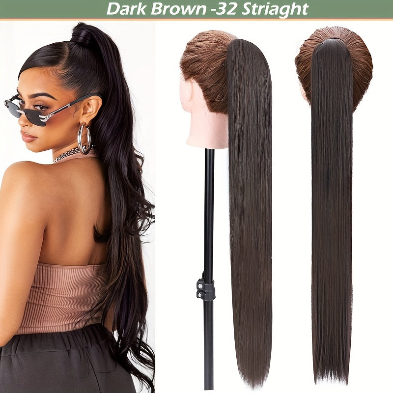 32-Inch Clip-In Wrap Around Ponytail Extension - Long Straight Synthetic Hairpiece with Natural Magic Tape, Soft & Versatile for Women - Perfect for Parties, Cosplay & Everyday Use