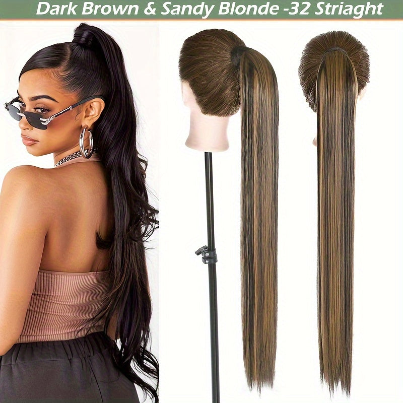 32-Inch Clip-In Wrap Around Ponytail Extension - Long Straight Synthetic Hairpiece with Natural Magic Tape, Soft & Versatile for Women - Perfect for Parties, Cosplay & Everyday Use
