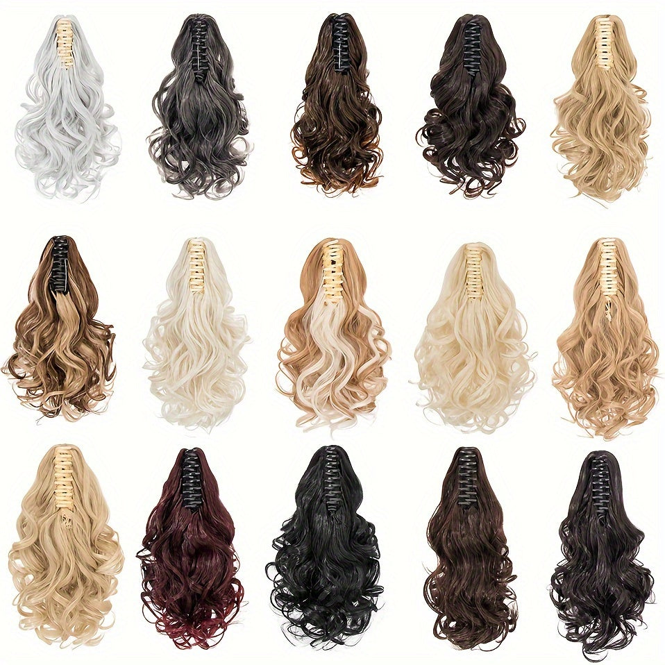 BENEHAIR 14" Ponytail Extensions Claw Short Thick Wavy Curly Claw Clip In Pony Tails Hairpiece Soft Natural Looking Synthetic Hairpiece For Women Medium Blonde With White Blonde Highlights For Halloween Gift