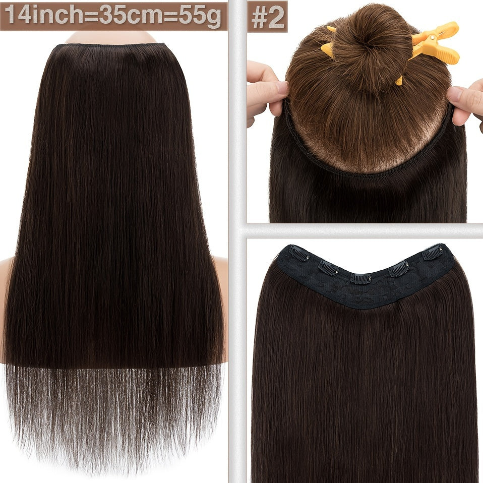 1pc V-Shaped Clip-In Weft Hairpiece - 100% Real Remy Human Hair Extensions, 30.48cm/50.8cm Straight Black Brown Blonde, 3/4 Full Head Volume, Natural Look for Caucasian Women, Hair Extension Accessory, Secure Clip Attachment