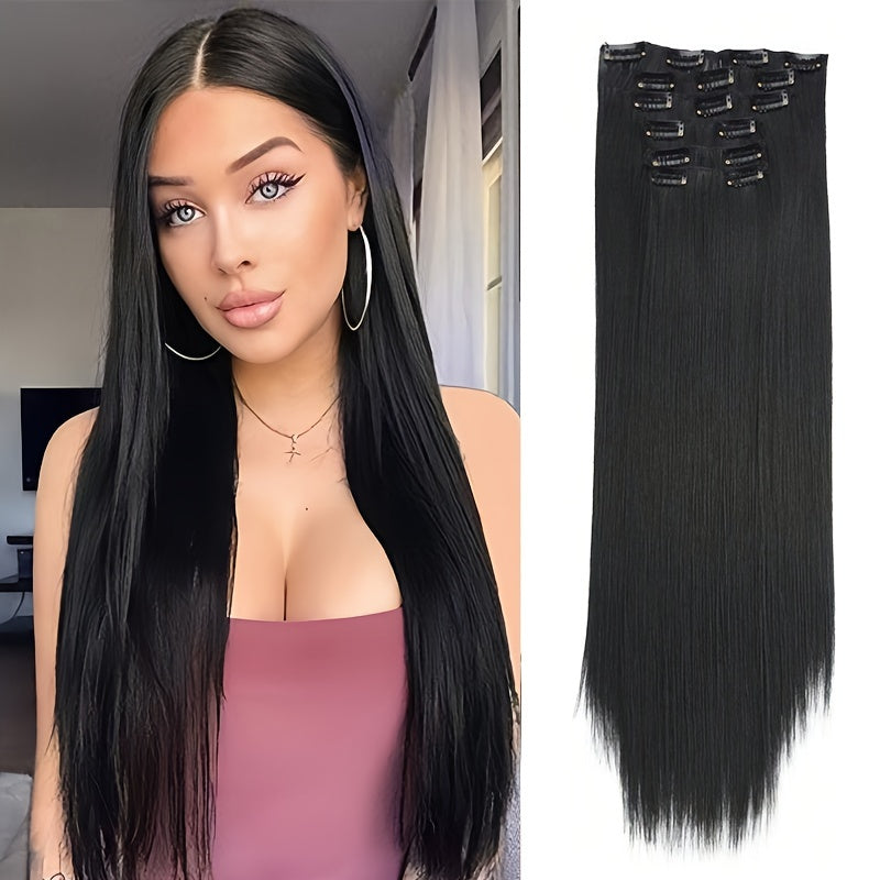 24 Inch Natural Heat-Resistant Synthetic Fiber Women's Clip-in Hair Extension Set, Super Soft Double Weft, Alluring Style