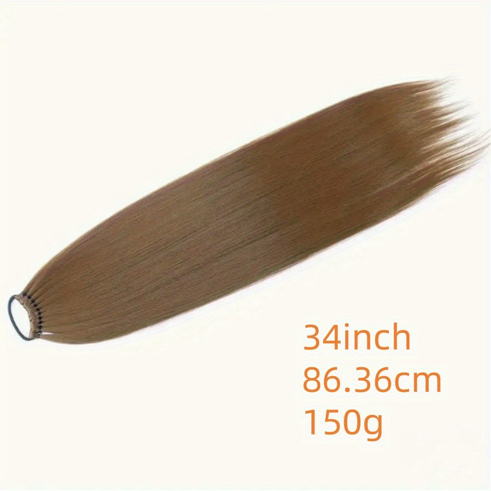 86.36 cm Elegant Straight Synthetic Ponytail Extensions for Women, 11 Strands Pack with Versatile Elastic Bands, High Temperature Fiber, Durable & Lightweight Hairpiece for Various Occasions