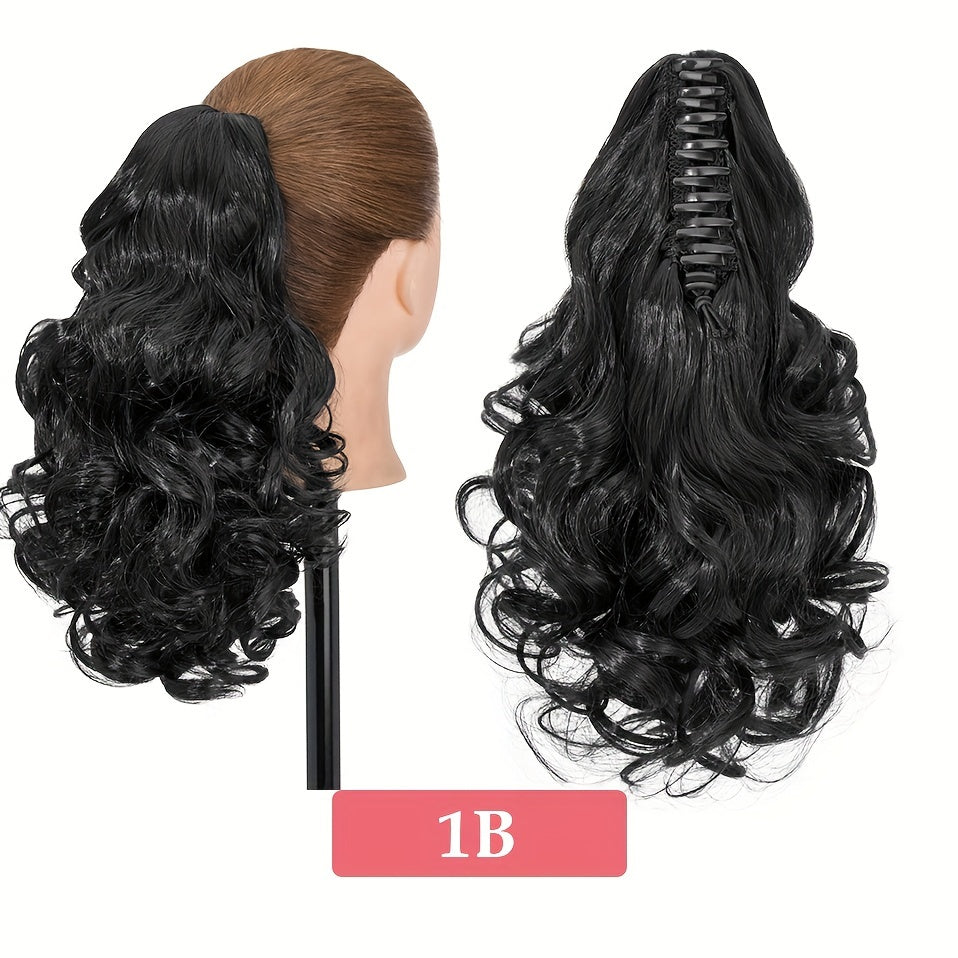 BENEHAIR 14" Ponytail Extensions Claw Short Thick Wavy Curly Claw Clip In Pony Tails Hairpiece Soft Natural Looking Synthetic Hairpiece For Women Medium Blonde With White Blonde Highlights For Halloween Gift