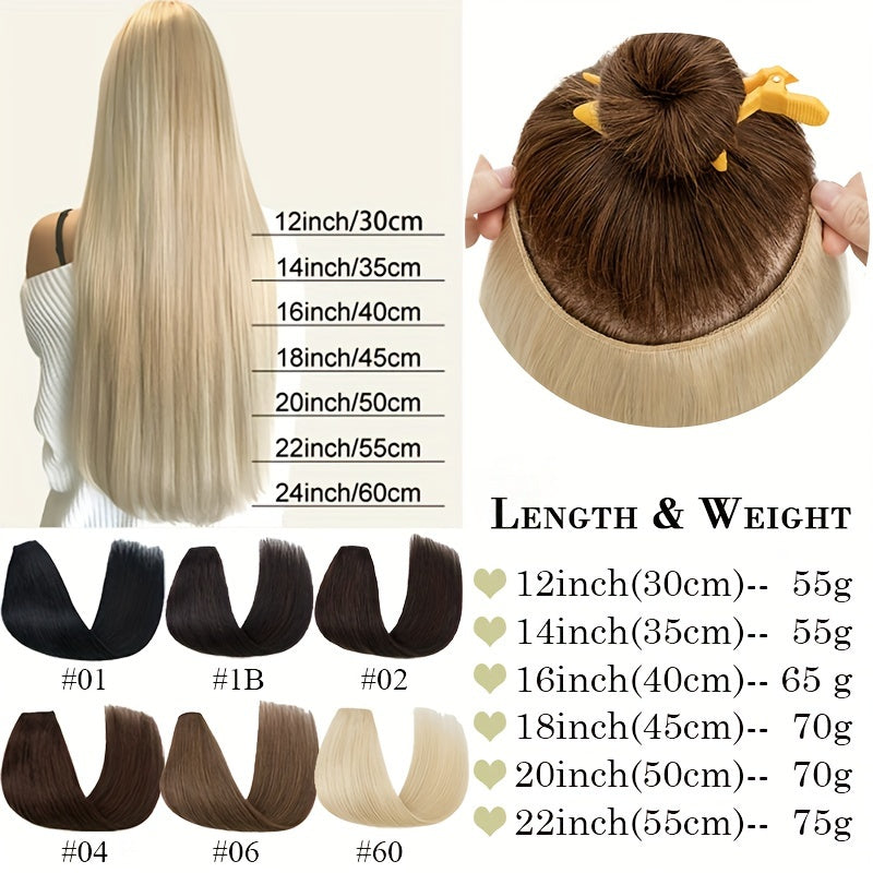 1pc V-Shaped Clip-In Weft Hairpiece - 100% Real Remy Human Hair Extensions, 30.48cm/50.8cm Straight Black Brown Blonde, 3/4 Full Head Volume, Natural Look for Caucasian Women, Hair Extension Accessory, Secure Clip Attachment