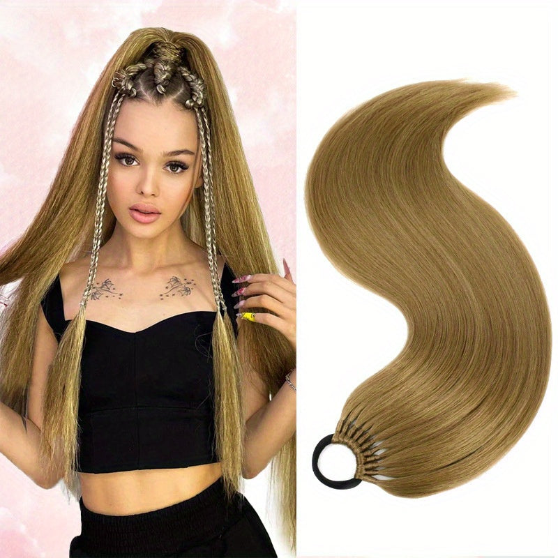 86.36 cm Elegant Straight Synthetic Ponytail Extensions for Women, 11 Strands Pack with Versatile Elastic Bands, High Temperature Fiber, Durable & Lightweight Hairpiece for Various Occasions