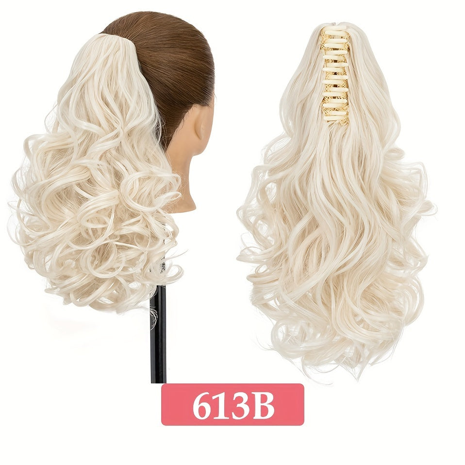 BENEHAIR 14" Ponytail Extensions Claw Short Thick Wavy Curly Claw Clip In Pony Tails Hairpiece Soft Natural Looking Synthetic Hairpiece For Women Medium Blonde With White Blonde Highlights For Halloween Gift