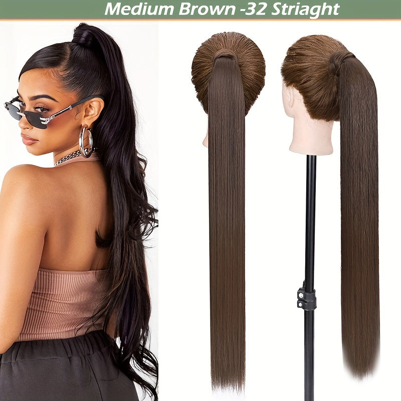 32-Inch Clip-In Wrap Around Ponytail Extension - Long Straight Synthetic Hairpiece with Natural Magic Tape, Soft & Versatile for Women - Perfect for Parties, Cosplay & Everyday Use