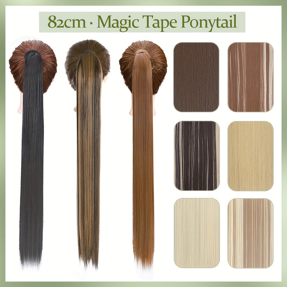 32-Inch Clip-In Wrap Around Ponytail Extension - Long Straight Synthetic Hairpiece with Natural Magic Tape, Soft & Versatile for Women - Perfect for Parties, Cosplay & Everyday Use