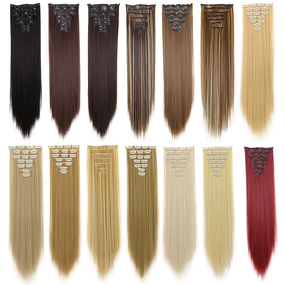 16" Long Straight Hair Extension Clip-In Kit for Women - 7pcs Set with Adjustable Clips, Natural Look for All Ethnicities, Easy Installation, Versatile Styling Options, Hair Accessories