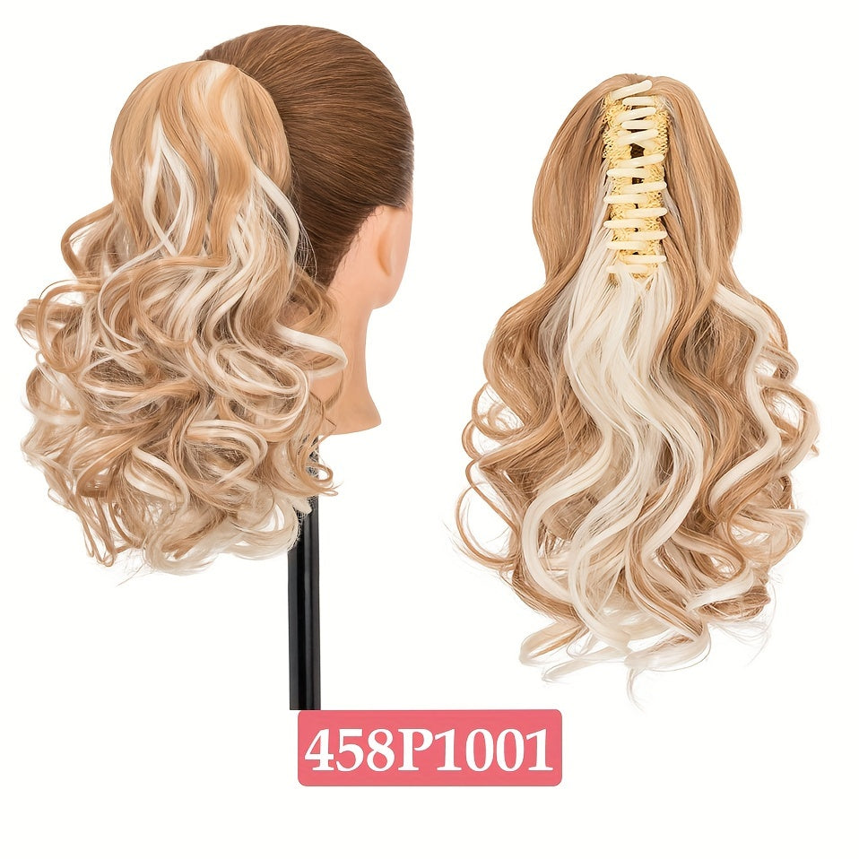 BENEHAIR 14" Ponytail Extensions Claw Short Thick Wavy Curly Claw Clip In Pony Tails Hairpiece Soft Natural Looking Synthetic Hairpiece For Women Medium Blonde With White Blonde Highlights For Halloween Gift