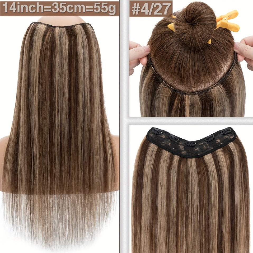 1pc V-Shaped Clip-In Weft Hairpiece - 100% Real Remy Human Hair Extensions, 30.48cm/50.8cm Straight Black Brown Blonde, 3/4 Full Head Volume, Natural Look for Caucasian Women, Hair Extension Accessory, Secure Clip Attachment