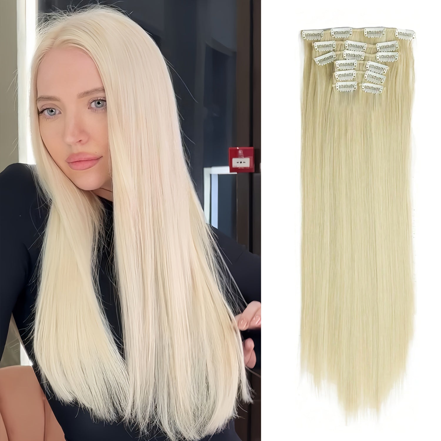 24 Inch Natural Heat-Resistant Synthetic Fiber Women's Clip-in Hair Extension Set, Super Soft Double Weft, Alluring Style