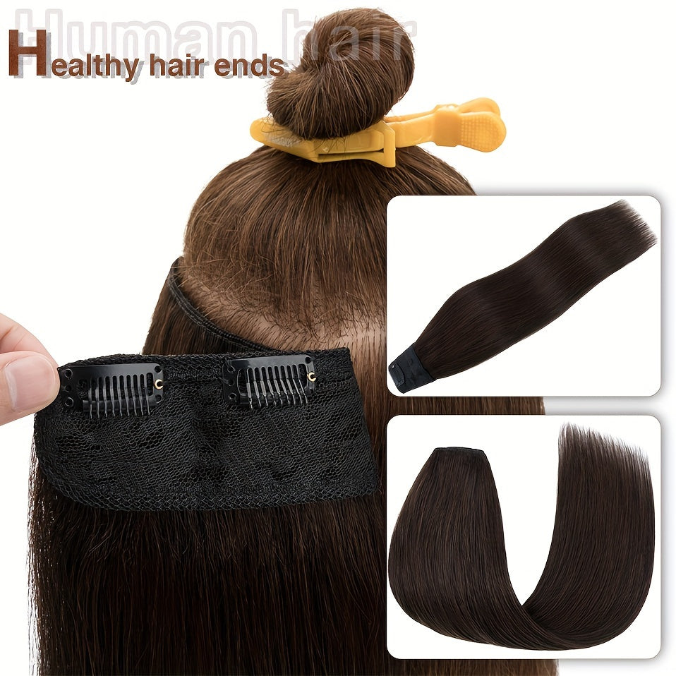 1pc V-Shaped Clip-In Weft Hairpiece - 100% Real Remy Human Hair Extensions, 30.48cm/50.8cm Straight Black Brown Blonde, 3/4 Full Head Volume, Natural Look for Caucasian Women, Hair Extension Accessory, Secure Clip Attachment