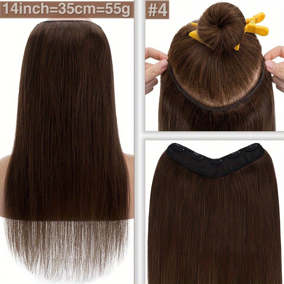 1pc V-Shaped Clip-In Weft Hairpiece - 100% Real Remy Human Hair Extensions, 30.48cm/50.8cm Straight Black Brown Blonde, 3/4 Full Head Volume, Natural Look for Caucasian Women, Hair Extension Accessory, Secure Clip Attachment