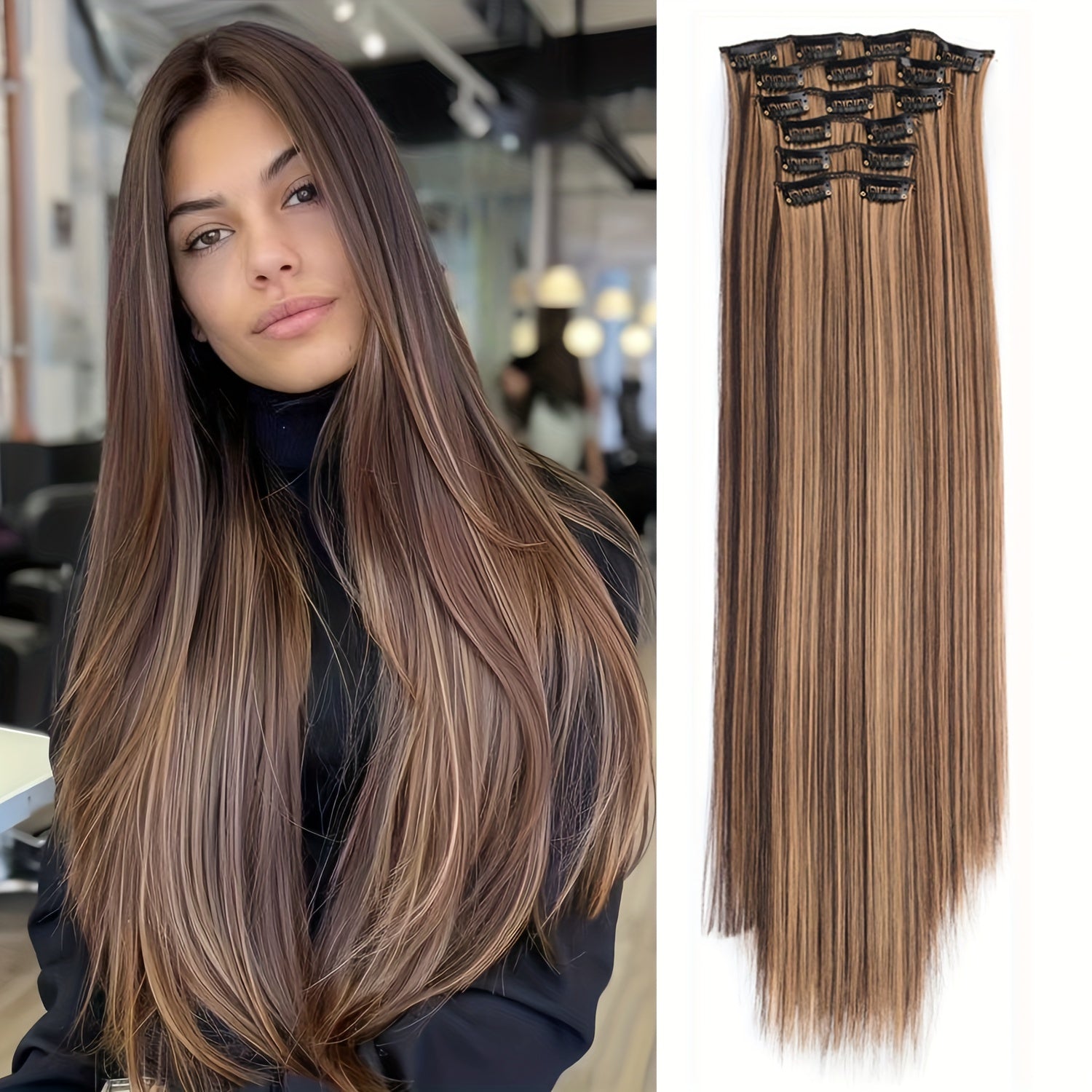 24 Inch Natural Heat-Resistant Synthetic Fiber Women's Clip-in Hair Extension Set, Super Soft Double Weft, Alluring Style