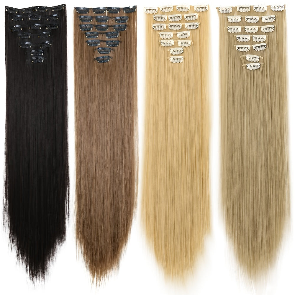 16" Long Straight Hair Extension Clip-In Kit for Women - 7pcs Set with Adjustable Clips, Natural Look for All Ethnicities, Easy Installation, Versatile Styling Options, Hair Accessories