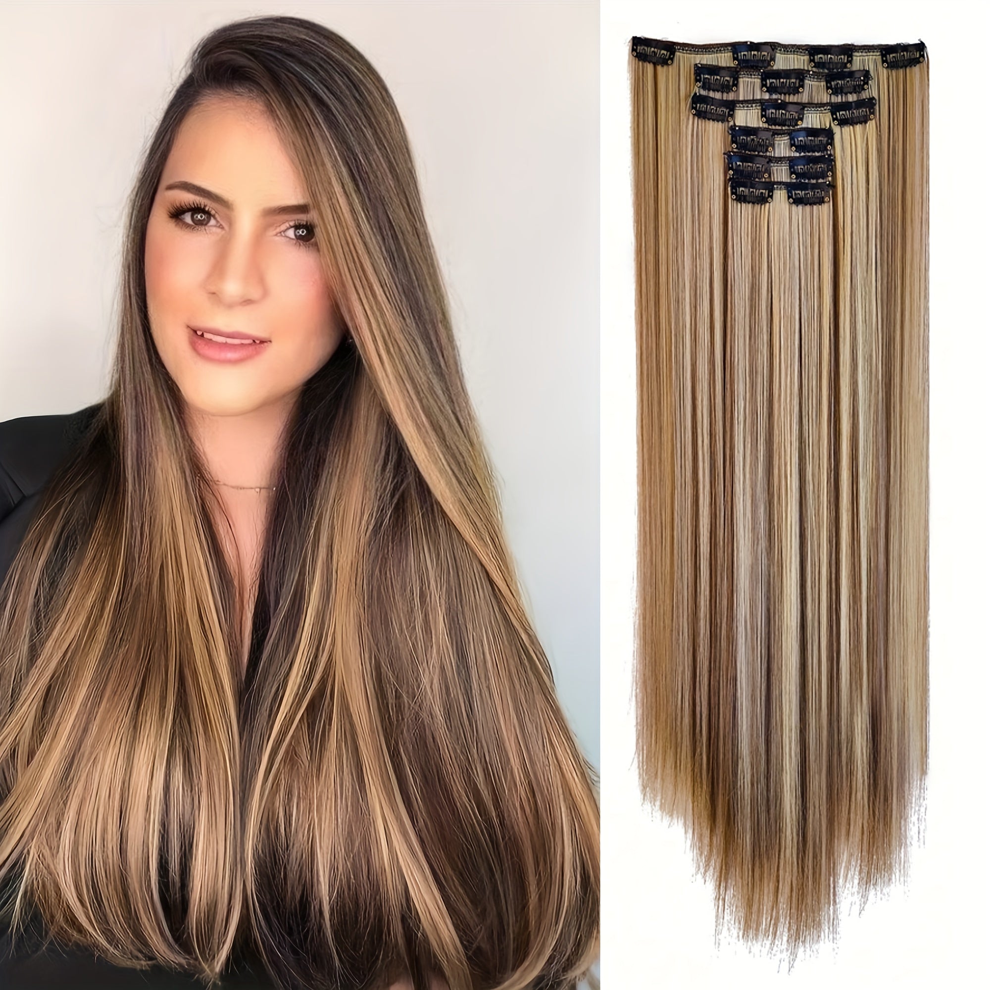 24 Inch Natural Heat-Resistant Synthetic Fiber Women's Clip-in Hair Extension Set, Super Soft Double Weft, Alluring Style