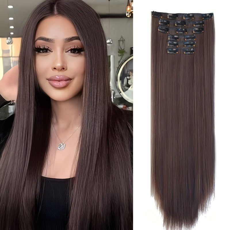 24 Inch Natural Heat-Resistant Synthetic Fiber Women's Clip-in Hair Extension Set, Super Soft Double Weft, Alluring Style