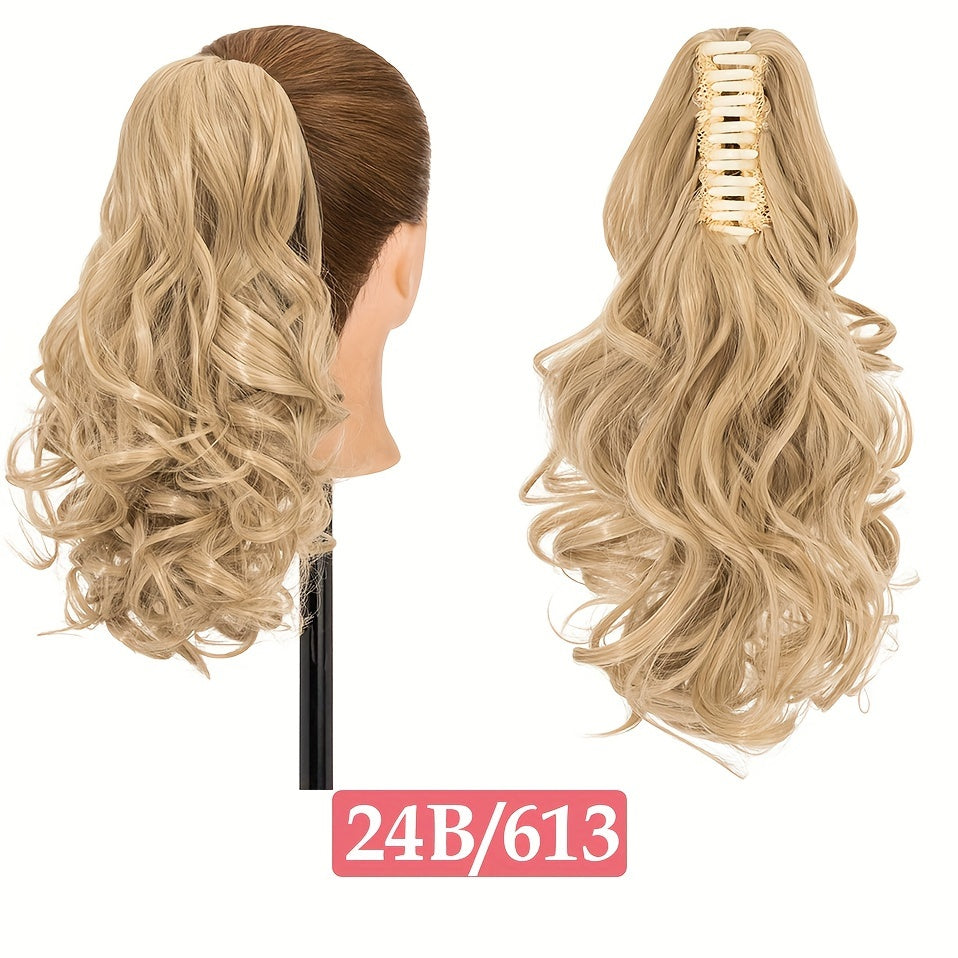BENEHAIR 14" Ponytail Extensions Claw Short Thick Wavy Curly Claw Clip In Pony Tails Hairpiece Soft Natural Looking Synthetic Hairpiece For Women Medium Blonde With White Blonde Highlights For Halloween Gift