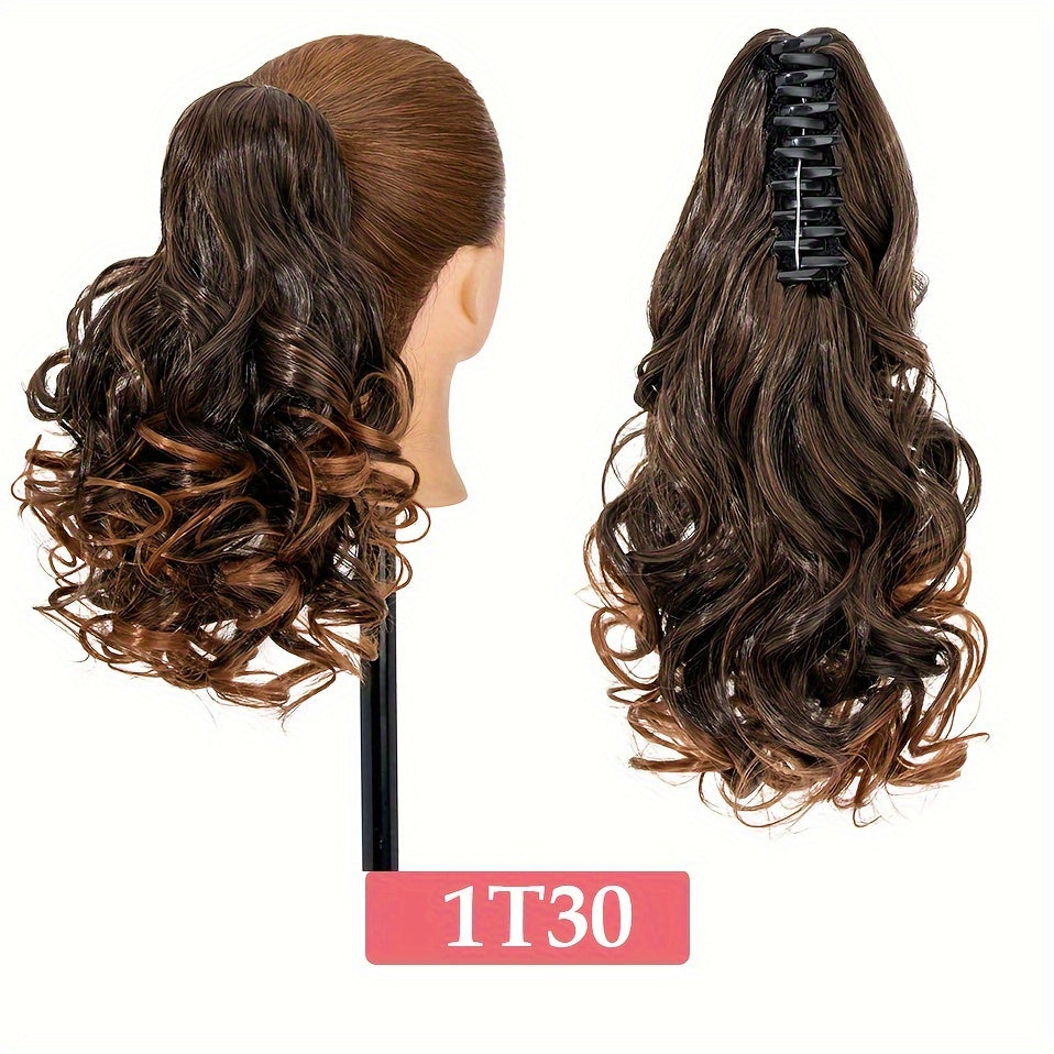 BENEHAIR 14" Ponytail Extensions Claw Short Thick Wavy Curly Claw Clip In Pony Tails Hairpiece Soft Natural Looking Synthetic Hairpiece For Women Medium Blonde With White Blonde Highlights For Halloween Gift