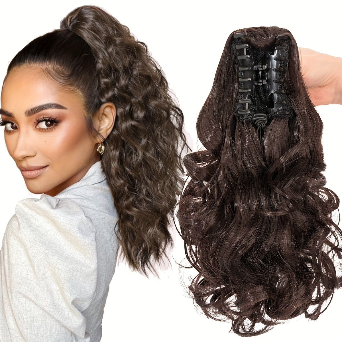 BENEHAIR 14" Ponytail Extensions Claw Short Thick Wavy Curly Claw Clip In Pony Tails Hairpiece Soft Natural Looking Synthetic Hairpiece For Women Medium Blonde With White Blonde Highlights For Halloween Gift