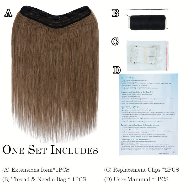 1pc V-Shaped Clip-In Weft Hairpiece - 100% Real Remy Human Hair Extensions, 30.48cm/50.8cm Straight Black Brown Blonde, 3/4 Full Head Volume, Natural Look for Caucasian Women, Hair Extension Accessory, Secure Clip Attachment
