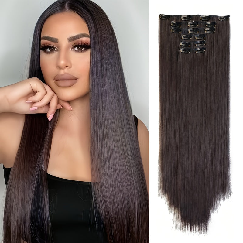 24 Inch Natural Heat-Resistant Synthetic Fiber Women's Clip-in Hair Extension Set, Super Soft Double Weft, Alluring Style