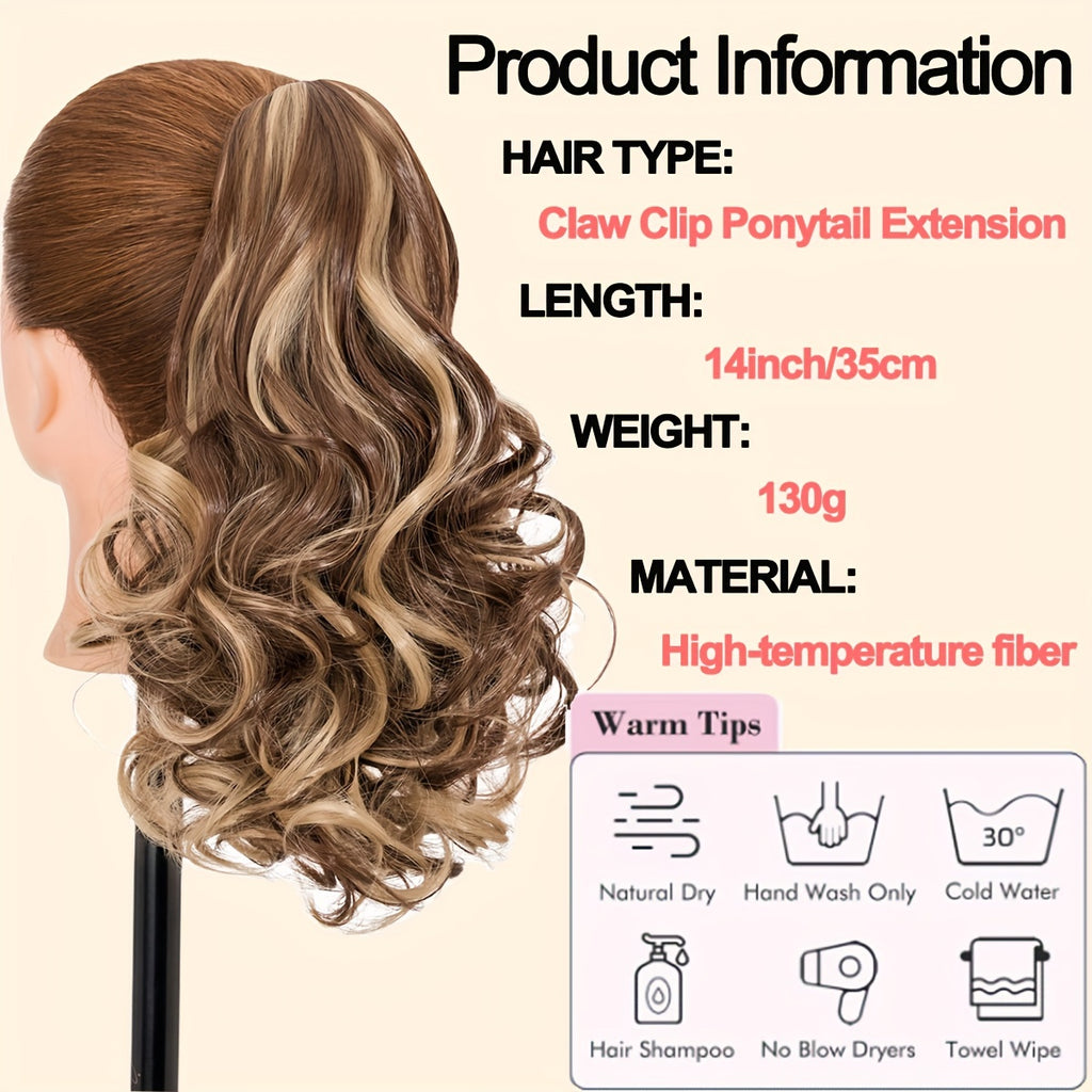 BENEHAIR 14" Ponytail Extensions Claw Short Thick Wavy Curly Claw Clip In Pony Tails Hairpiece Soft Natural Looking Synthetic Hairpiece For Women Medium Blonde With White Blonde Highlights For Halloween Gift