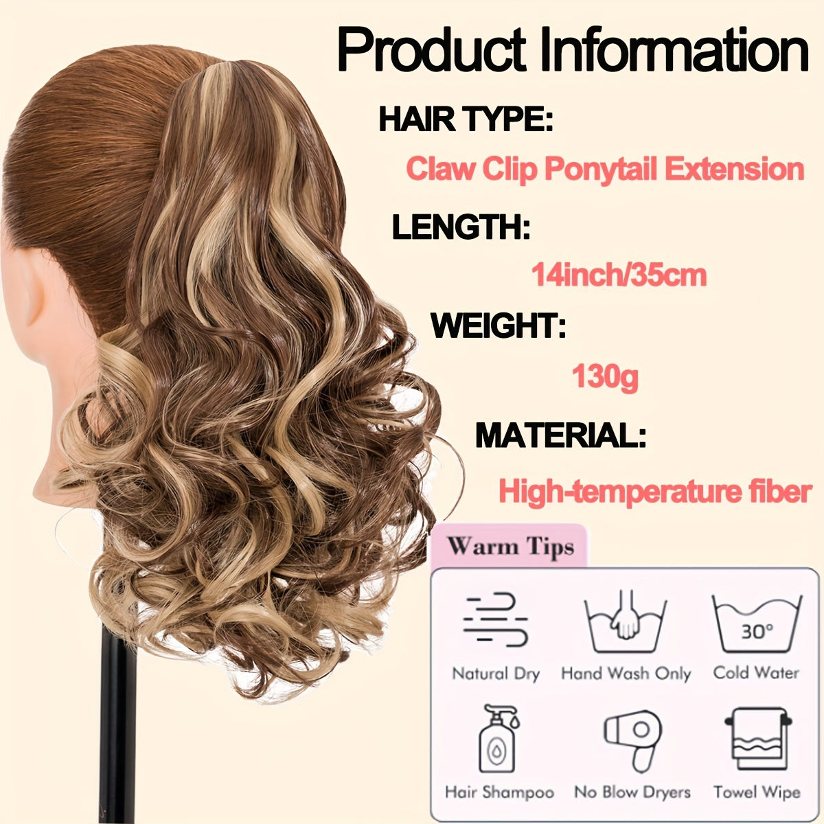 BENEHAIR 14" Ponytail Extensions Claw Short Thick Wavy Curly Claw Clip In Pony Tails Hairpiece Soft Natural Looking Synthetic Hairpiece For Women Medium Blonde With White Blonde Highlights For Halloween Gift