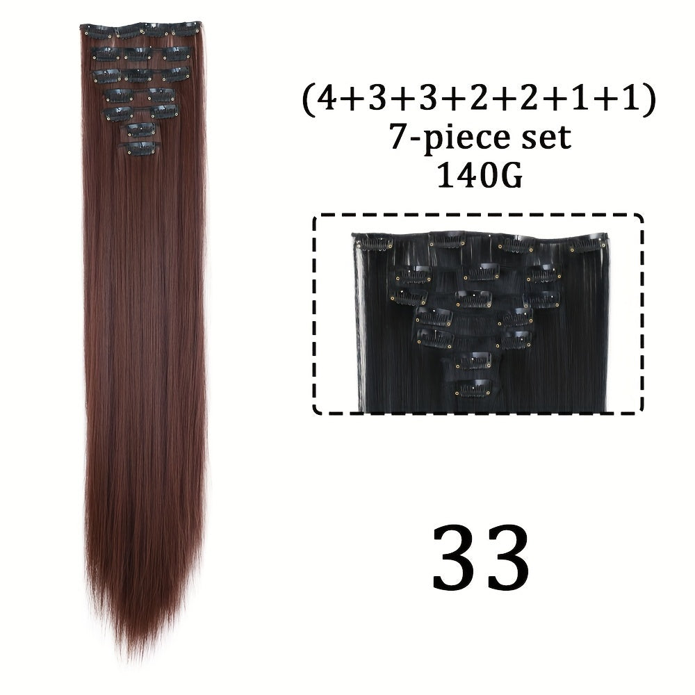 16" Long Straight Hair Extension Clip-In Kit for Women - 7pcs Set with Adjustable Clips, Natural Look for All Ethnicities, Easy Installation, Versatile Styling Options, Hair Accessories