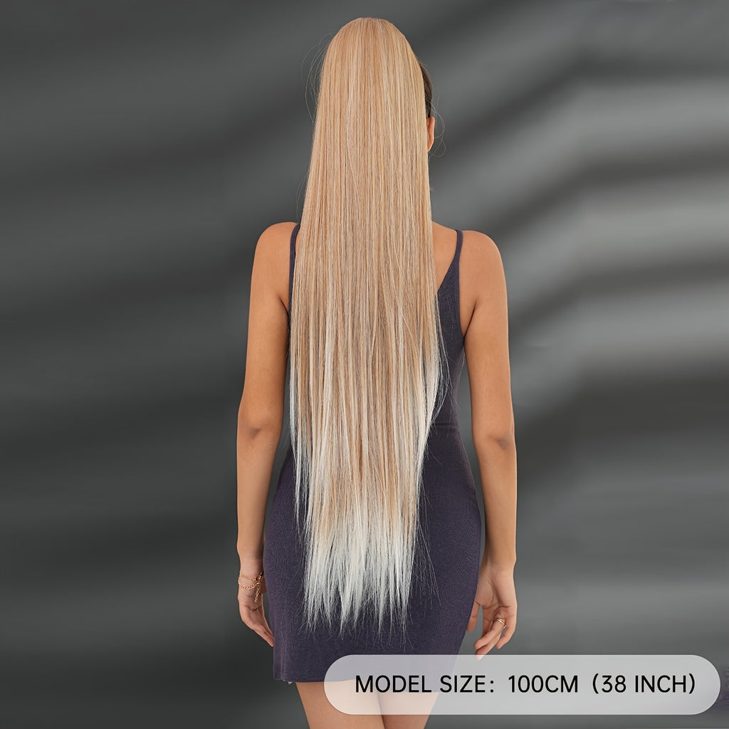 38-Inch Ombre White to Light Brown Ponytail Extension - Heat Resistant Synthetic Hair for Women, Perfect for Daily Wear & Parties