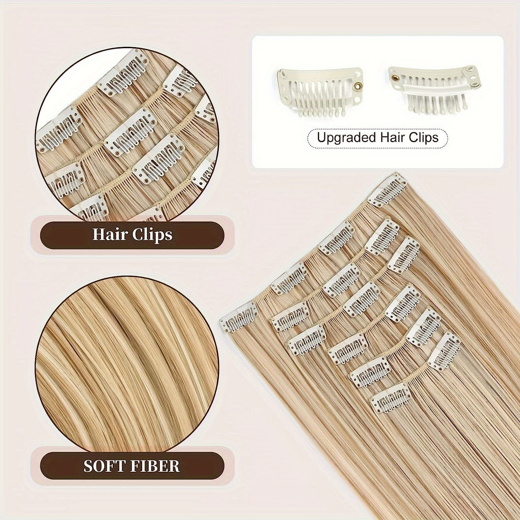 24 Inch Natural Heat-Resistant Synthetic Fiber Women's Clip-in Hair Extension Set, Super Soft Double Weft, Alluring Style