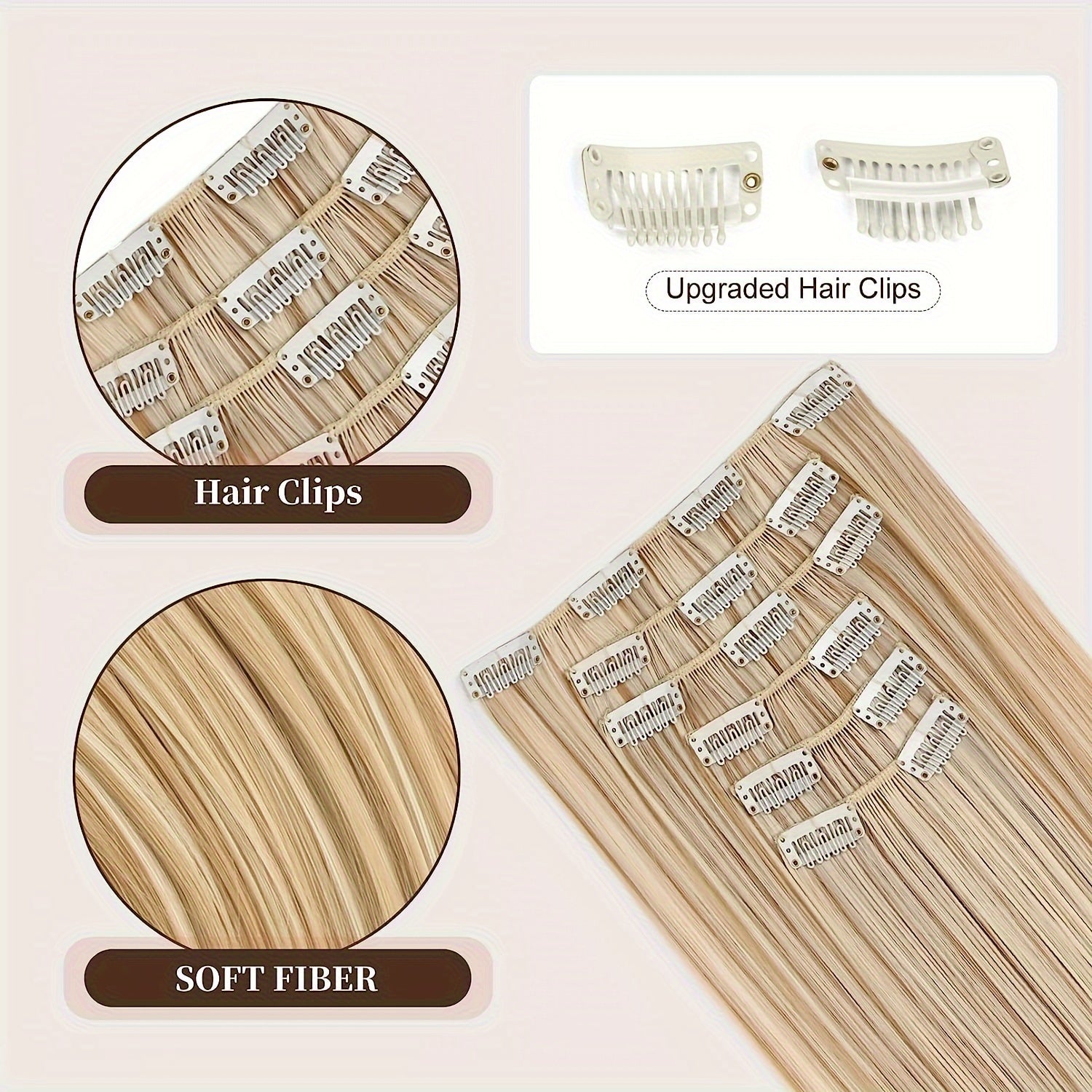 24 Inch Natural Heat-Resistant Synthetic Fiber Women's Clip-in Hair Extension Set, Super Soft Double Weft, Alluring Style
