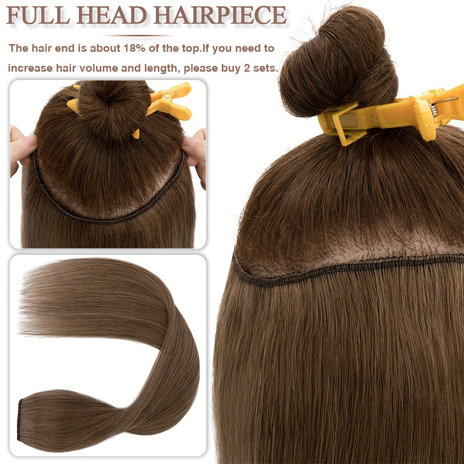 1pc V-Shaped Clip-In Weft Hairpiece - 100% Real Remy Human Hair Extensions, 30.48cm/50.8cm Straight Black Brown Blonde, 3/4 Full Head Volume, Natural Look for Caucasian Women, Hair Extension Accessory, Secure Clip Attachment