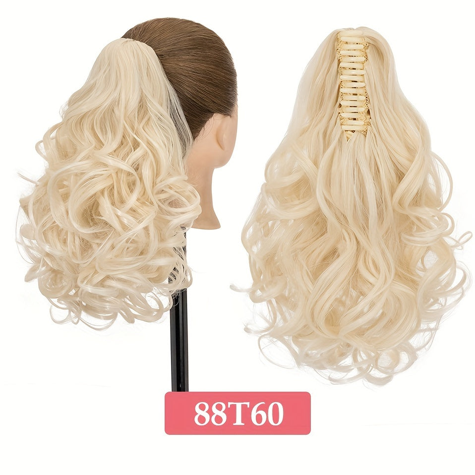 BENEHAIR 14" Ponytail Extensions Claw Short Thick Wavy Curly Claw Clip In Pony Tails Hairpiece Soft Natural Looking Synthetic Hairpiece For Women Medium Blonde With White Blonde Highlights For Halloween Gift