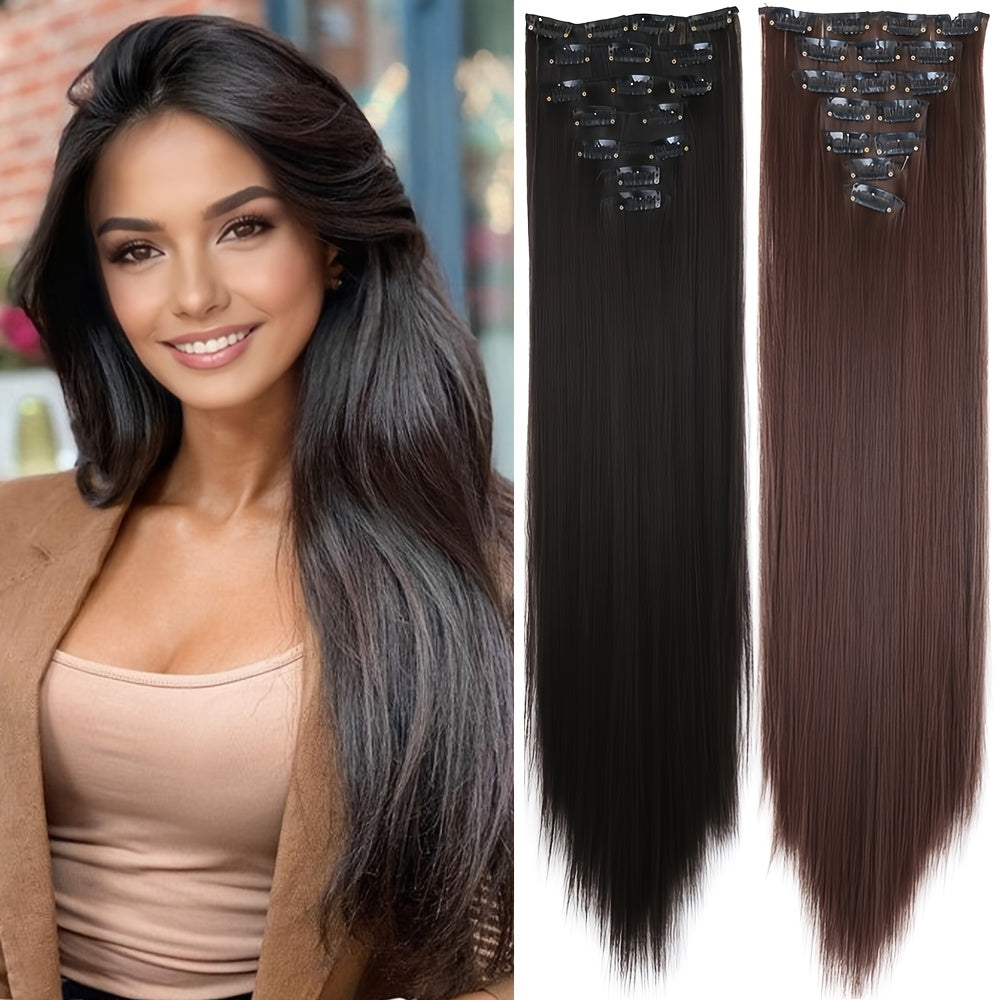 16" Long Straight Hair Extension Clip-In Kit for Women - 7pcs Set with Adjustable Clips, Natural Look for All Ethnicities, Easy Installation, Versatile Styling Options, Hair Accessories