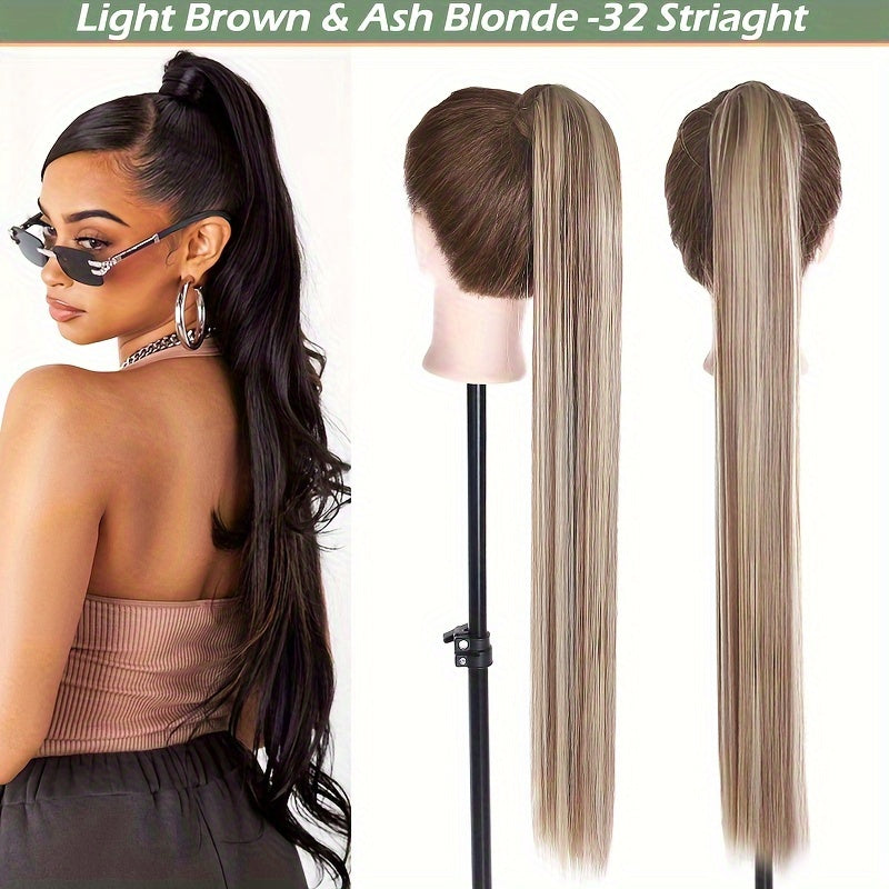 32-Inch Clip-In Wrap Around Ponytail Extension - Long Straight Synthetic Hairpiece with Natural Magic Tape, Soft & Versatile for Women - Perfect for Parties, Cosplay & Everyday Use