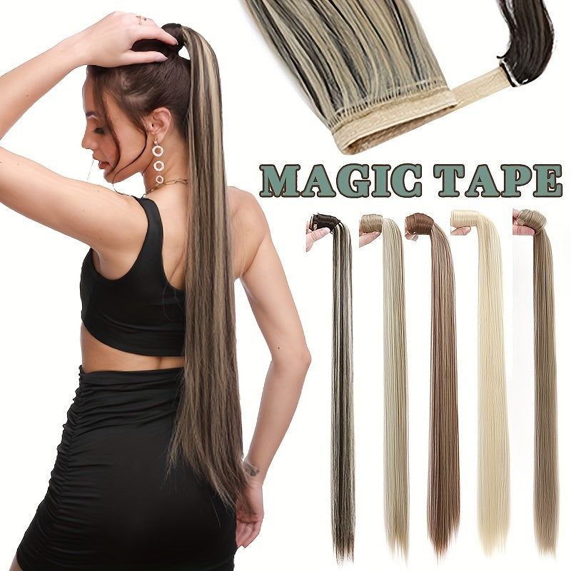 32-Inch Clip-In Wrap Around Ponytail Extension - Long Straight Synthetic Hairpiece with Natural Magic Tape, Soft & Versatile for Women - Perfect for Parties, Cosplay & Everyday Use