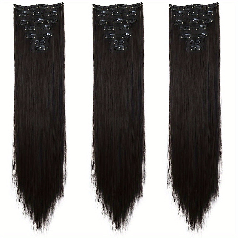 16" Long Straight Hair Extension Clip-In Kit for Women - 7pcs Set with Adjustable Clips, Natural Look for All Ethnicities, Easy Installation, Versatile Styling Options, Hair Accessories